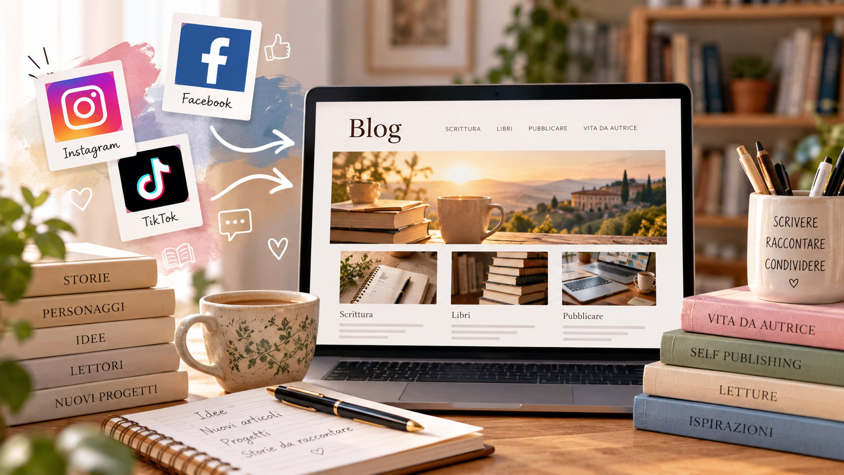 Blog personale di una scrittrice su un computer, con libri, quaderno e simboli dei social network, dedicato alla scrittura e al rapporto con i lettori.
