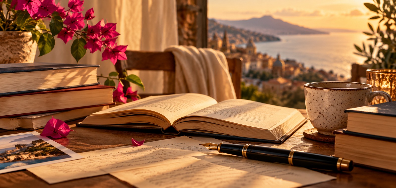 Libri aperti e manoscritti su una scrivania con penna stilografica, in un’atmosfera calda dedicata alla lettura e alla scrittura.