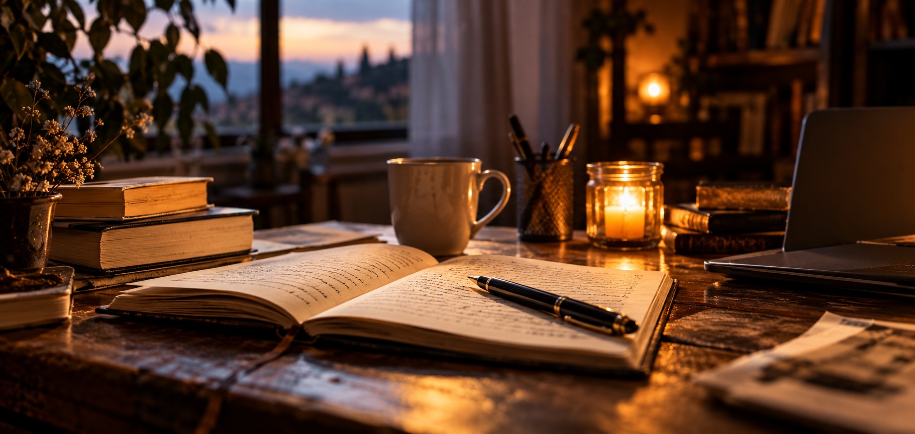 Scrivania di una scrittrice con quaderno aperto, penna e libri in un’atmosfera dedicata alla scrittura e alla nascita delle storie.