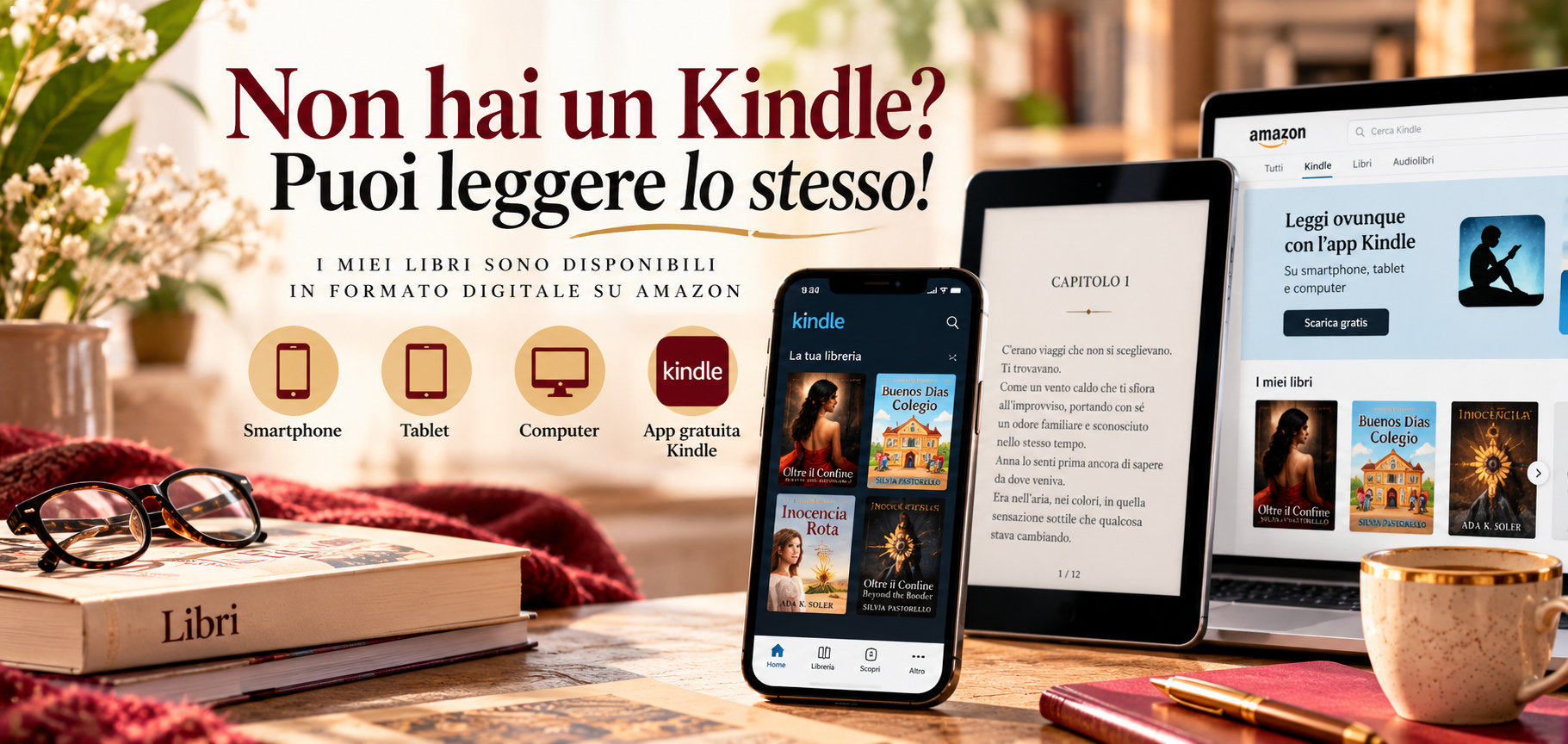 Copertina dell'articolo su come leggere ebook Kindle senza possedere un dispositivo Kindle, utilizzando l'app gratuita su smartphone, tablet e computer.Silvia Pastorello