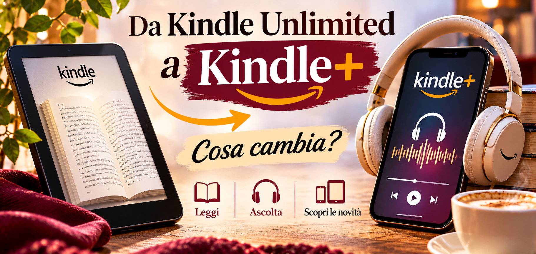 Kindle Unlimited diventa Kindle+: copertina con lettore Kindle, smartphone e cuffie che illustra le novità del servizio Amazon, dalla lettura degli ebook all'ascolto degli audiolibri.